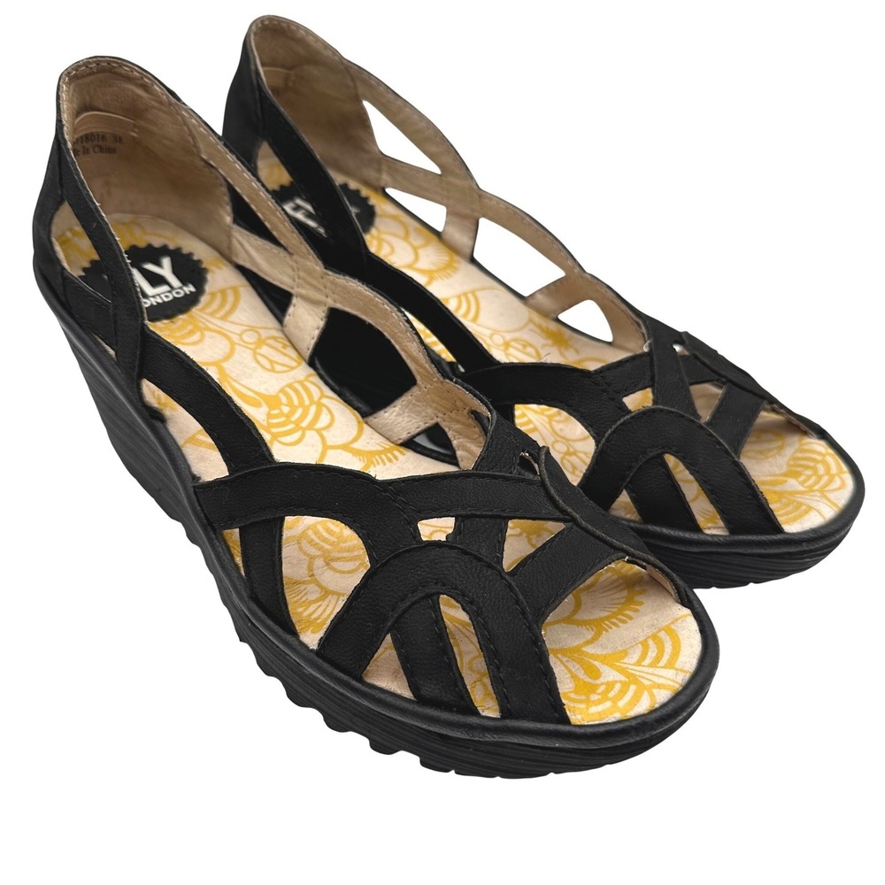 Fly London Yadi Black Leather Strappy Wedge Platform Sandals Open Toe 7.5/38